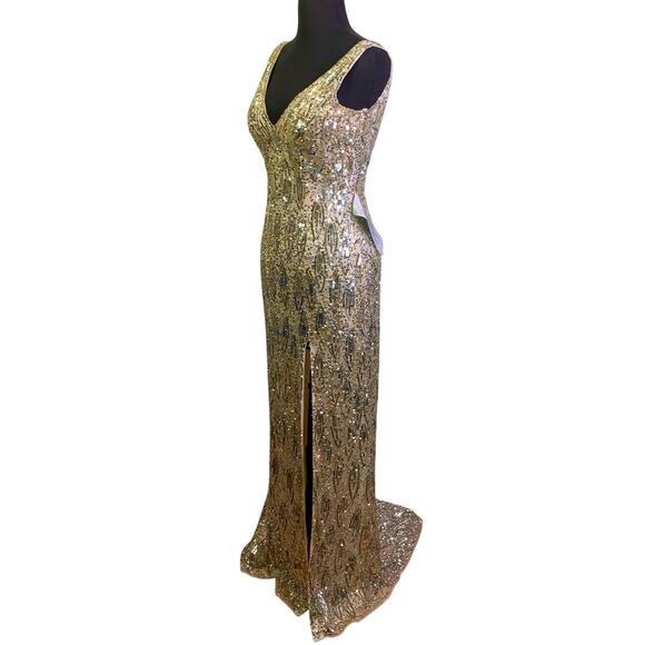 MAC DUGGAL 5018 Dress 2 Cassandra Stone Sequin Gown Plunging Neckline High Slit - Picture 4 of 16